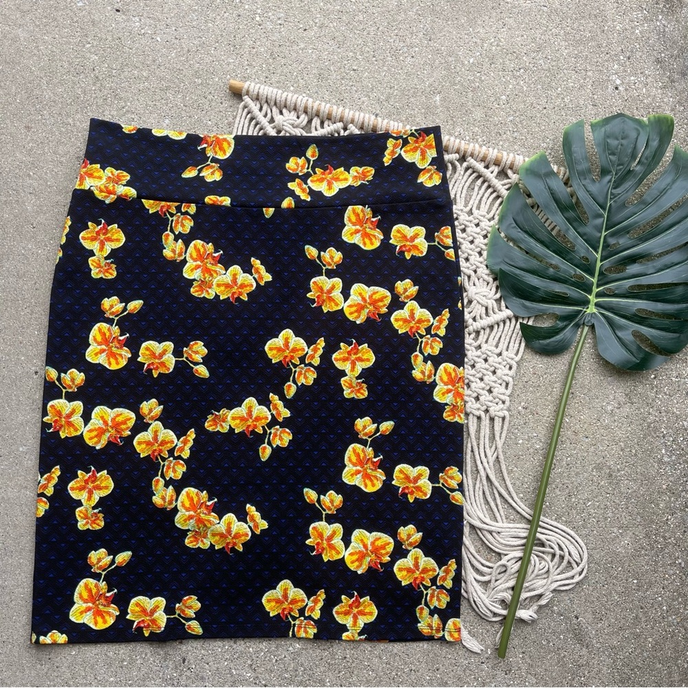 LuLaRoe Black Pencil Skirt with Yellow and Orange Floral Design